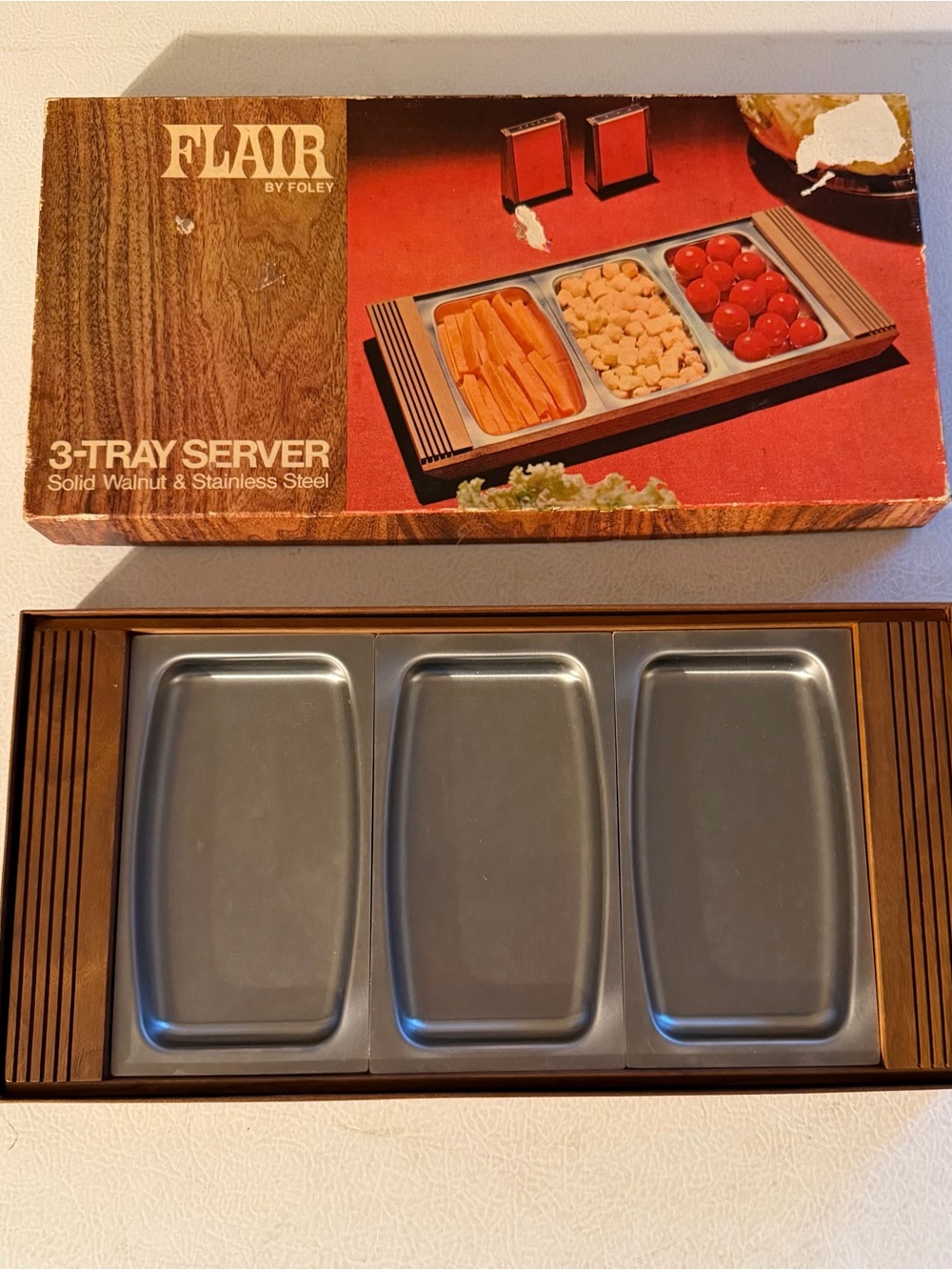 Walnut 3-Section Server with Stainless Steel Trays - Brown
